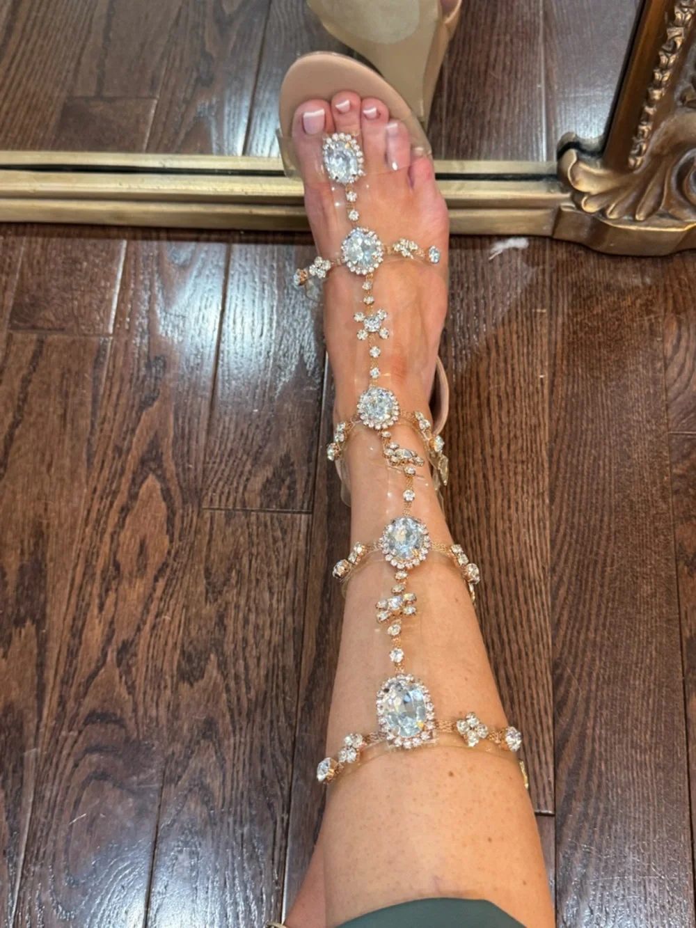 🤎💎 Crystal‎ Embellished Clear Gladiator Wedge Sandals - Nude